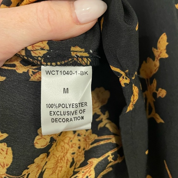 THML Floral Black and Mustard Smocked Mock Neck Women's Blouse, Medium - Picture 6 of 7